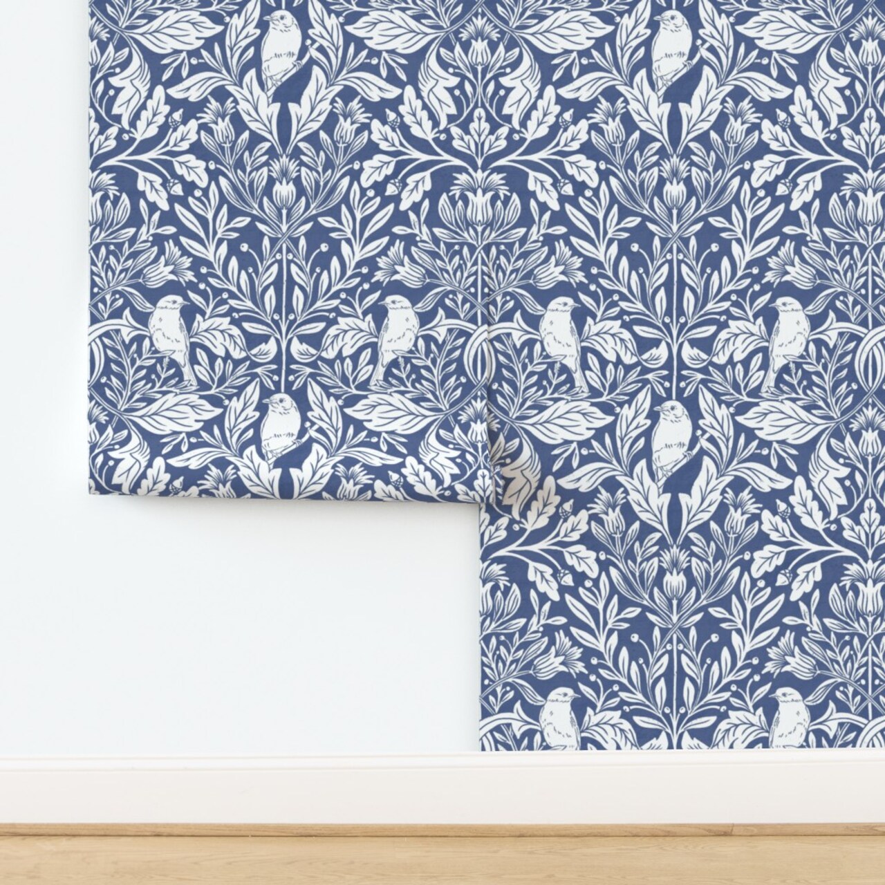Woodland Blue Birds Traditional Block Print Botanical Floral Victorian Garden Custom Removable Wallpaper by Spoonflower Peel & Stick Wallpaper 2FT Wide